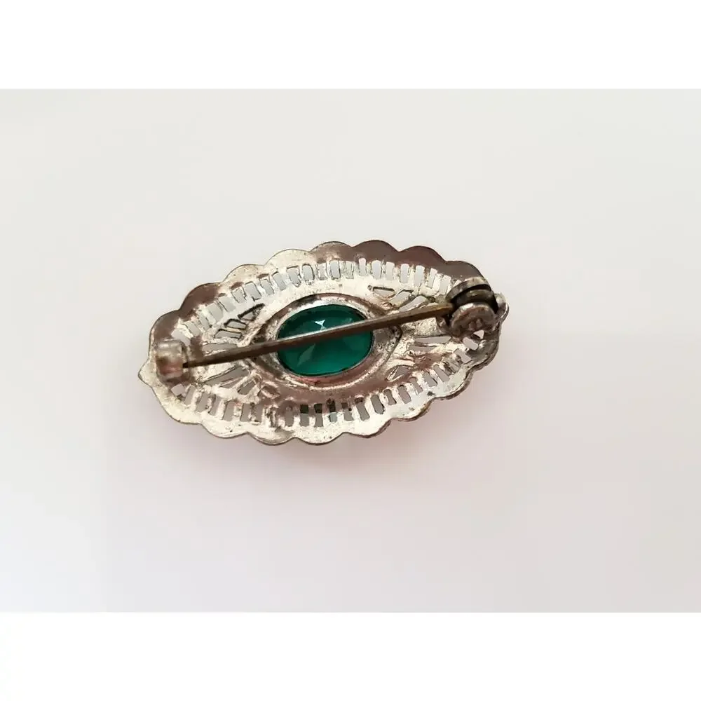 Antique Art Deco Green Glass Filagree Rhodium Plated Brooch